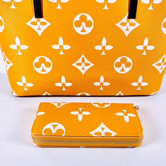 Trendy orange/white monogram pattern tote shoulder crossbody bag/wallet set gold - Picture 4 of 14